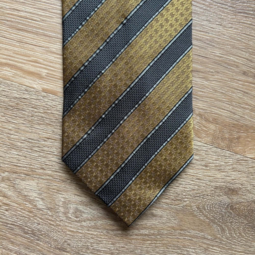 Daniel De Fasson Studio Mens Silk Necktie Gold Grey Striped Handmade Tie